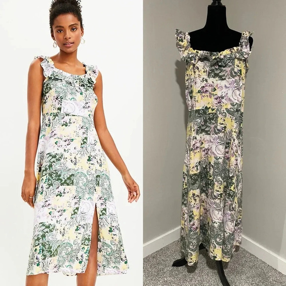 LOFT Dresses & Skirts - Loft Patchwork Ruffle Squareneck Midi Dress‎ Size 14